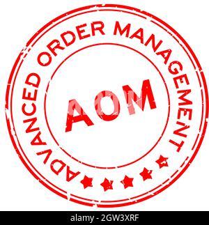 Grunge rosso AOM Advanced Order Management, aggiungere il modulo parola circolare sigillo in gomma timbro su sfondo bianco Illustrazione Vettoriale