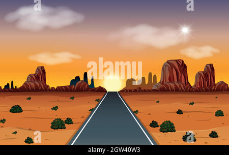 Alba nel deserto con scena stradale Illustrazione Vettoriale