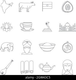 India viaggio set di icone di stile di contorno Illustrazione Vettoriale