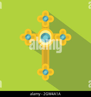 Croce d'oro con diamanti icona, stile piatto Illustrazione Vettoriale
