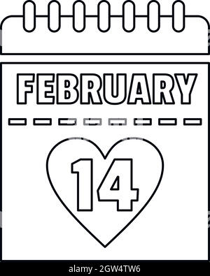 Febbraio 14 icona calendario, stile contorno Illustrazione Vettoriale