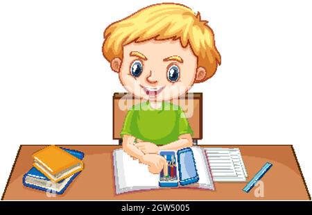 Un ragazzo felice che fa i compiti sulla scrivania Illustrazione Vettoriale
