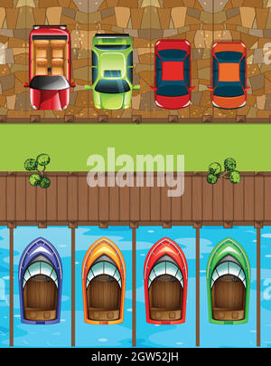 Vista dall'alto del parcheggio auto e barche Illustrazione Vettoriale