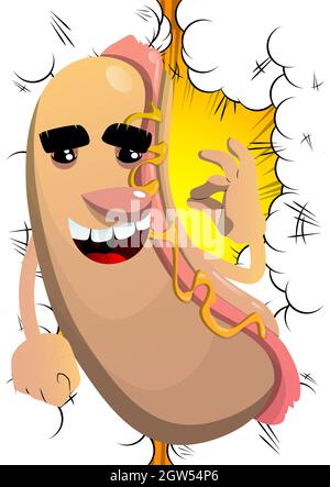 Hot Dog con il cartello ok. Fast food americano come personaggio cartoon con viso. Illustrazione Vettoriale