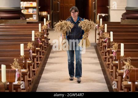 Melle, Germania. 30 settembre 2021. Hildegard Lange-Hörstmann del Gesmold Ortslandvolk porta doni di grano alla Chiesa di San Pietro nel distretto di Gesmold. Sotto il motto "canterò al Signore tutta la mia vita, e loderò il mio Dio fino a quando sarò". (Salmi 104, 33) la Confederazione delle Chiese protestanti della bassa Sassonia e l'industria agricola e alimentare della bassa Sassonia vi invitano alla festa del raccolto. Credit: Friso Gentsch/dpa/Alamy Live News Foto Stock