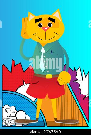 Divertente gatto cartoon tiene la mano all'orecchio, ascoltando. Illustrazione vettoriale. Carino arancio, gattino giovane dai capelli gialli. Illustrazione Vettoriale
