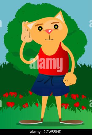 Divertente gatto cartoon tiene la mano all'orecchio, ascoltando. Illustrazione vettoriale. Carino arancio, gattino giovane dai capelli gialli. Illustrazione Vettoriale