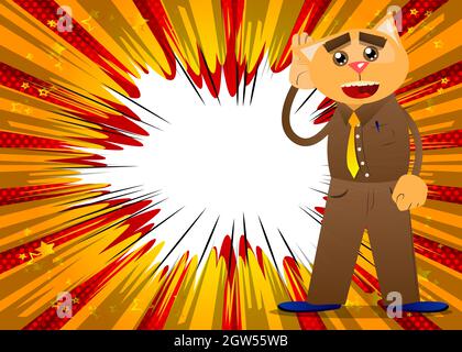 Divertente gatto cartoon tiene la mano all'orecchio, ascoltando. Illustrazione vettoriale. Carino arancio, gattino giovane dai capelli gialli. Illustrazione Vettoriale