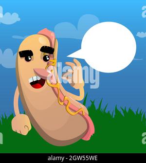 Hot Dog con il cartello ok. Fast food americano come personaggio cartoon con viso. Illustrazione Vettoriale