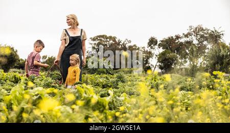 Donna che raccoglie verdure fresche con i suoi figli. Madre giovane felice che tiene un cestino con i prodotti freschi mentre si levano in piedi in un giardino biologico. Foto Stock