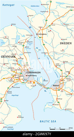 Mappa vettoriale della via navigabile Oeresund tra Svezia e Danimarca Illustrazione Vettoriale