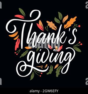 thanksgiving tipografia scritta a mano con ornamento delle foglie Illustrazione Vettoriale