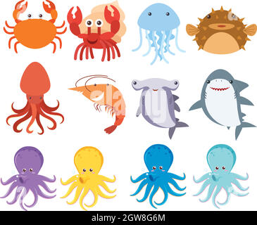 Creature marine sul Backgrund bianco Illustrazione Vettoriale