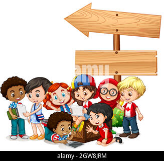 Cornice di legno vuota con molti bambini scuola cartoon illustrazione  carattere Immagine e Vettoriale - Alamy