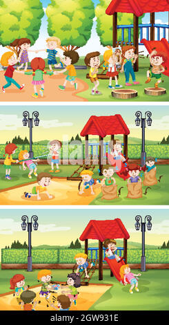 Molti bambini giocano nel parco giochi Illustrazione Vettoriale