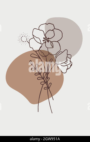 Terra tono boho fogliame linea disegno artistico con forma astratta. Astratto pianta Art design per stampa, copertina, carta da parati, arte muraria minimalista e naturale Illustrazione Vettoriale