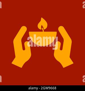 Disegno vettoriale di mano o diya per Diwali su sfondo rosso isolato. Foto Stock