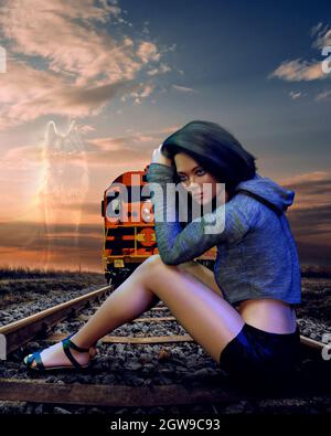 Rendering 3D. Triste suicida donna solitaria giovane sulla ferrovia Foto Stock