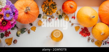 Una tazza di tè al limone, zucche e fiori autunnali layout creativo sul davanzale, Thanksgiving e Halloween sfondo Foto Stock