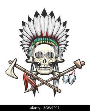Il cranio indiano in guerra Bonnet Tattoo Illustrazione Vettoriale
