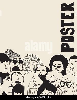 Poster vettoriale con facce. Folla di persone. Insieme volti. Le persone affrontano collage vettoriale. Delineare le persone. Avatar del viso. Uomini e donne. Taglio di capelli vari Illustrazione Vettoriale