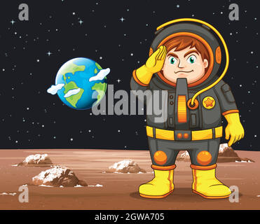 Astronauta in nero spacesuit in piedi sul pianeta Illustrazione Vettoriale