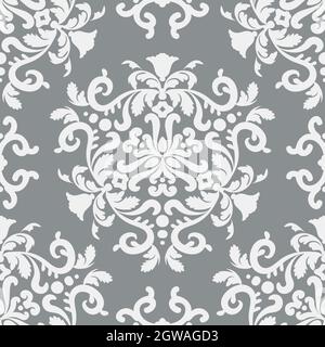 Elegante motivo vettoriale senza cuciture Damask. Colore argento, grigio e bianco. Per tessuti, tappezzeria, motivi veneziani, tessuti, imballaggi. Illustrazione Vettoriale