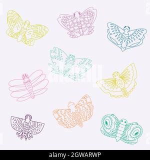 Farfalle disegnate a mano. Falena, insetto, insetti volanti, creature notturne. Contorno colorato. Illustrazione Vettoriale