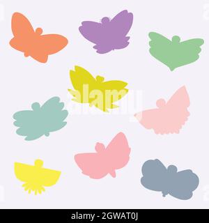 Farfalle disegnate a mano. Falena, insetto, insetti volanti, creature notturne. Silhouette colorata. Illustrazione Vettoriale