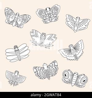 Farfalle disegnate a mano. Falena, insetto, insetti volanti, creature notturne. Bianco e nero. Illustrazione Vettoriale