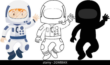 Bambino che indossa il costume astronauta con il suo profilo e la sua silhouette Illustrazione Vettoriale