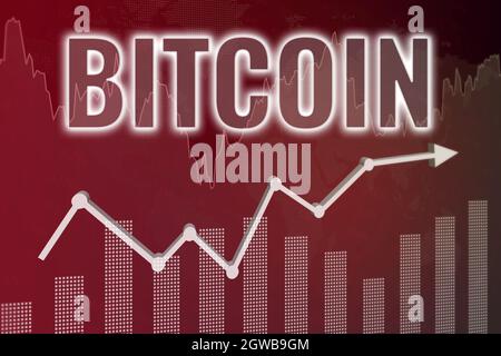 Parola criptovaluta Bitcoin su fondo rosso finanza da grafici, grafici. Trend su e giù. Rendering 3D. Concetto di mercato finanziario Foto Stock