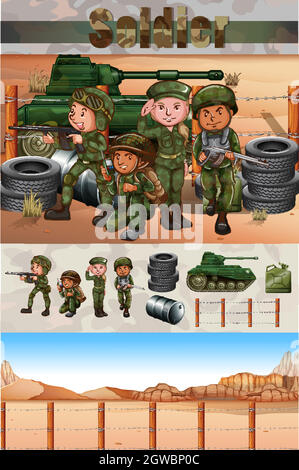 Soldati che combattono nel campo di battaglia Illustrazione Vettoriale