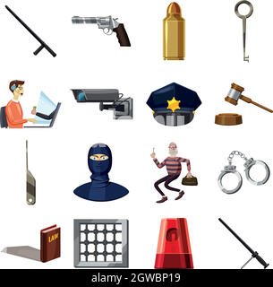 Simboli penale set di icone, stile cartoon Illustrazione Vettoriale