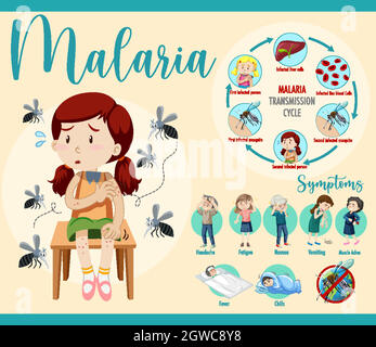 Infografica sul ciclo di trasmissione della malaria e sui sintomi Illustrazione Vettoriale