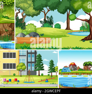 Quattro scene diverse in natura impostazione stile cartoon Illustrazione Vettoriale