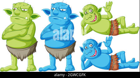 Set di goblin verde e blu o troll in piedi e sdraiato con diversi volti in cartoon personaggio isolato Illustrazione Vettoriale
