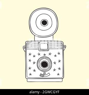 Fotocamere vintage. Immagine polaroide disegnata a mano. Video retro film. Bianco e nero. Illustrazione Vettoriale