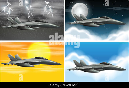 Set di aereo militare su diverse condizioni meteorologiche Illustrazione Vettoriale