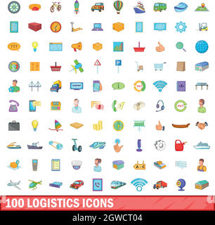 100 logistica set di icone, stile cartoon Illustrazione Vettoriale