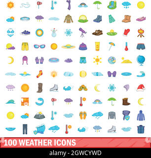 100 icone meteo set, stile cartoon Illustrazione Vettoriale