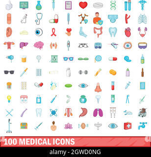 100 medici set di icone, stile cartoon Illustrazione Vettoriale