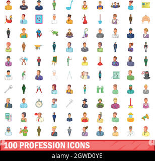 100 professione set di icone, stile cartoon Illustrazione Vettoriale