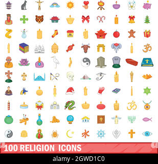 100 religione set di icone, stile cartoon Illustrazione Vettoriale