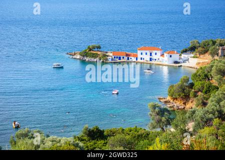 Vista del piccolo villaggio di Tzasteni a South Pelion, Grecia. Foto Stock