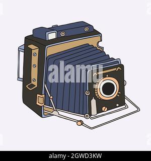 Fotocamere vintage. Immagine polaroide disegnata a mano. Video retro film. Tagliatelle colorate. Illustrazione Vettoriale