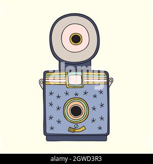 Fotocamere vintage. Immagine polaroide disegnata a mano. Video retro film. Tagliatelle colorate. Illustrazione Vettoriale