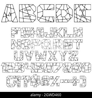 Alfabeto bianco e nero, numeri e segni. Oggetti vettoriali isolati su sfondo bianco. Illustrazione Vettoriale