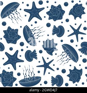 Sfondo con stelle marine, conchiglie e meduse. Pattern vettoriale senza giunture. Illustrazione Vettoriale