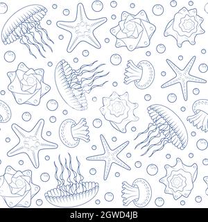 Sfondo con stelle marine, conchiglie e meduse. Pattern vettoriale senza giunture. Illustrazione Vettoriale